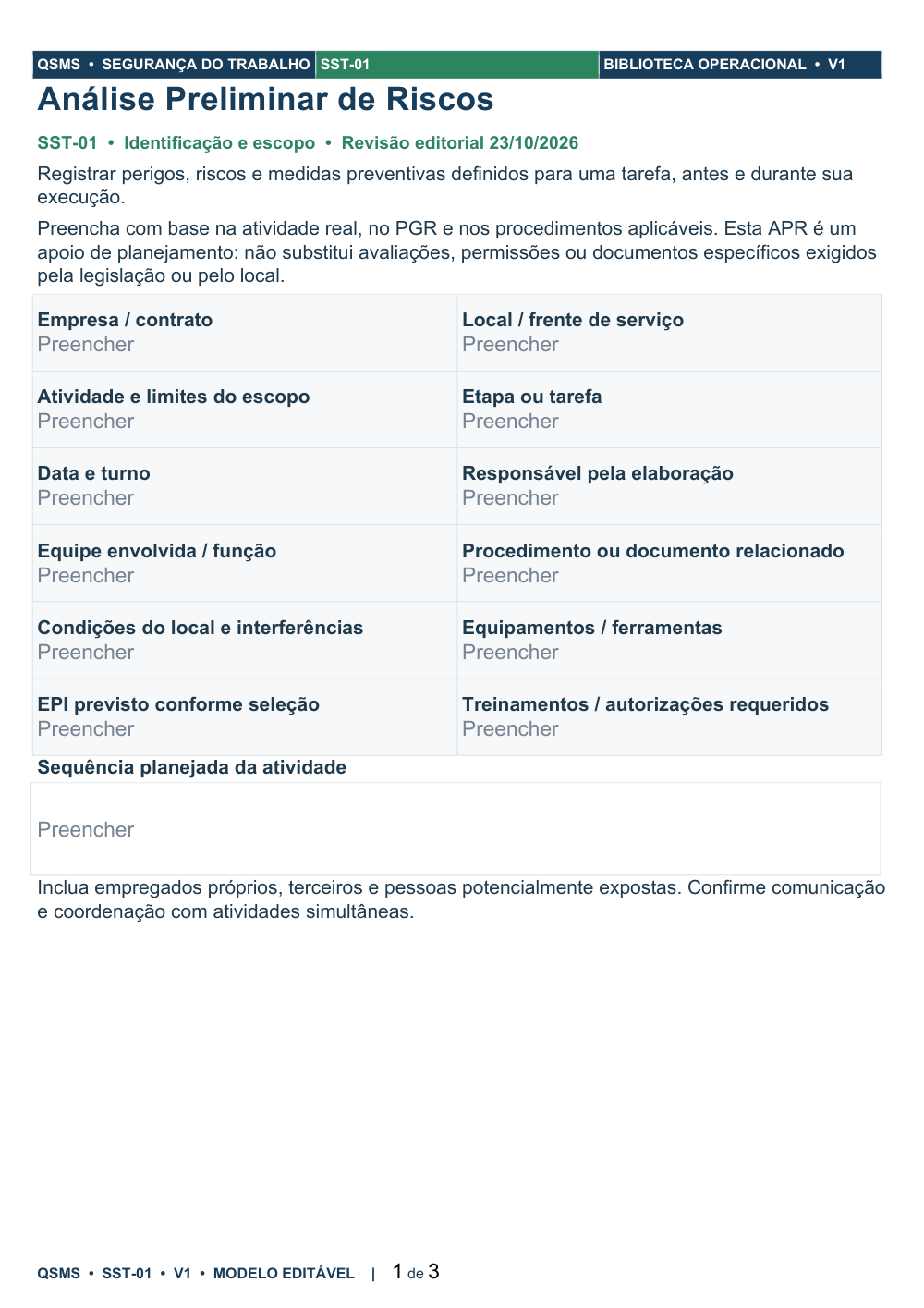 Primeira página do modelo de Análise Preliminar de Riscos